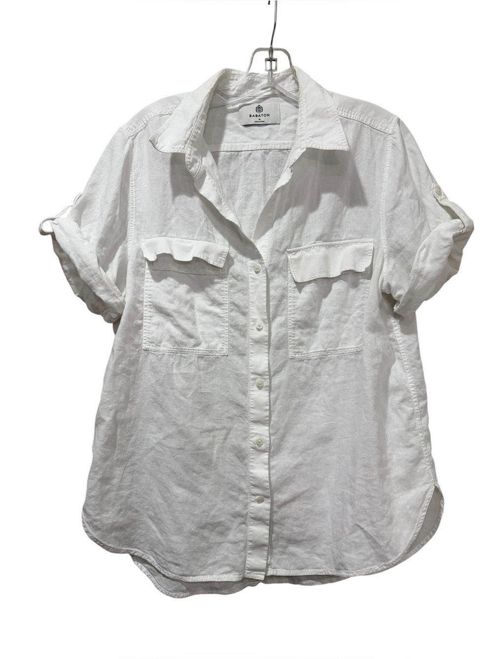 Babaton Women's Medium White Cotton Button Down Short Sleeve Shirt B5